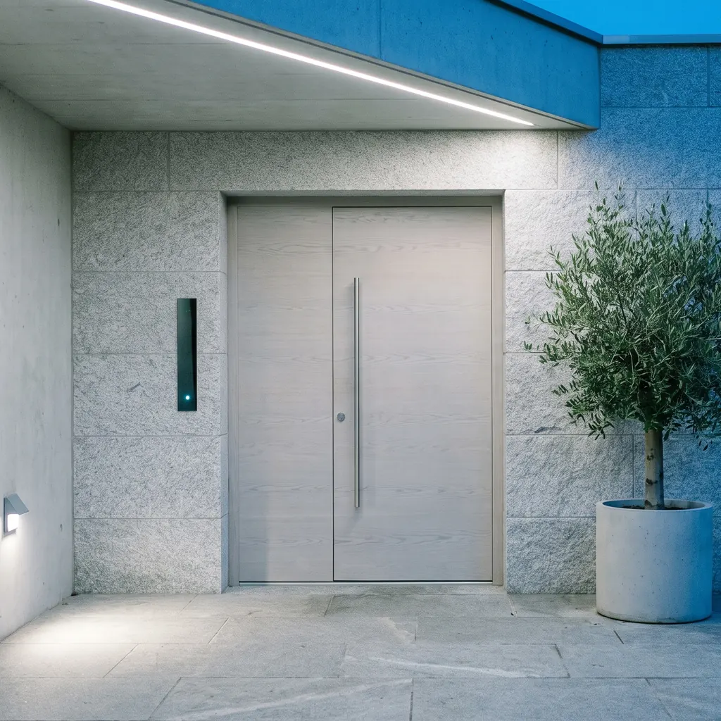 Ingresso di una casa all'ora blu: porta in legno chiaro con una lunga maniglia, pareti di pietra e cemento, una striscia di luce sotto il tetto, un ulivo in vaso e un lettore scuro accanto alla porta. Immagine generata con AI. Non è un impianto, un cliente o un prodotto HomeEdge.